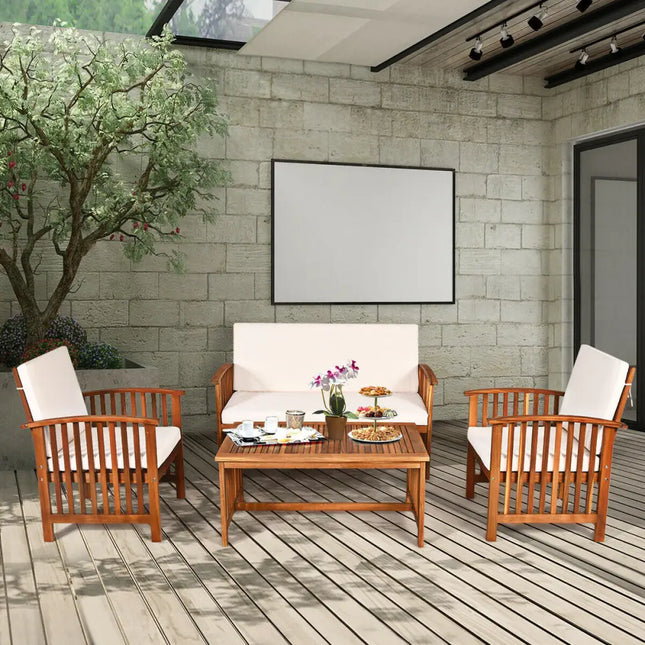 4PCS Patio Solid Wood Furniture Set-Beige - Beige - Patio Conversation Sets