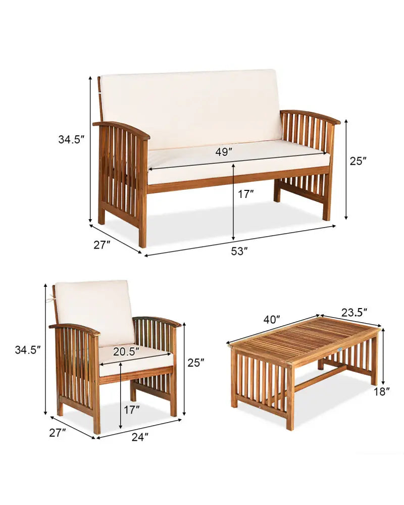 4PCS Patio Solid Wood Furniture Set-Beige - Beige - Patio Conversation Sets