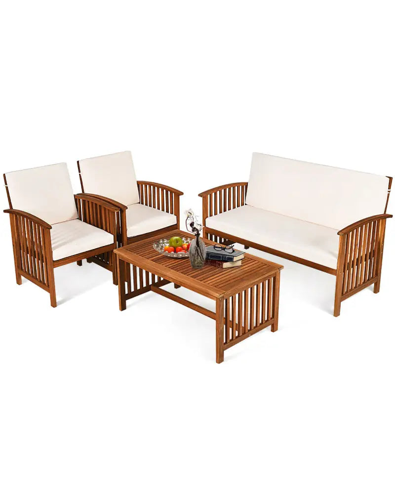 4PCS Patio Solid Wood Furniture Set-Beige - Beige - Patio Conversation Sets