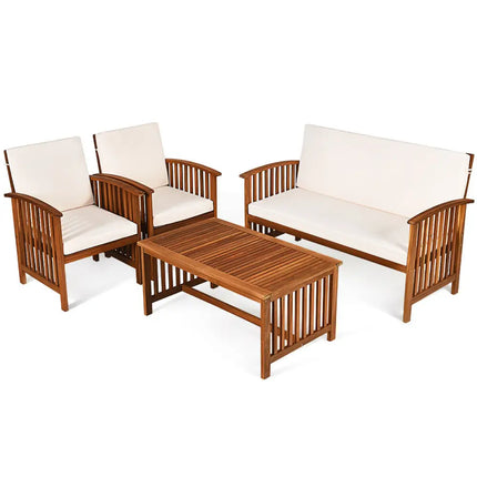 4PCS Patio Solid Wood Furniture Set-Beige - Beige - Patio Conversation Sets