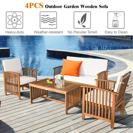 4PCS Patio Solid Wood Furniture Set-Beige - Beige - Patio Conversation Sets