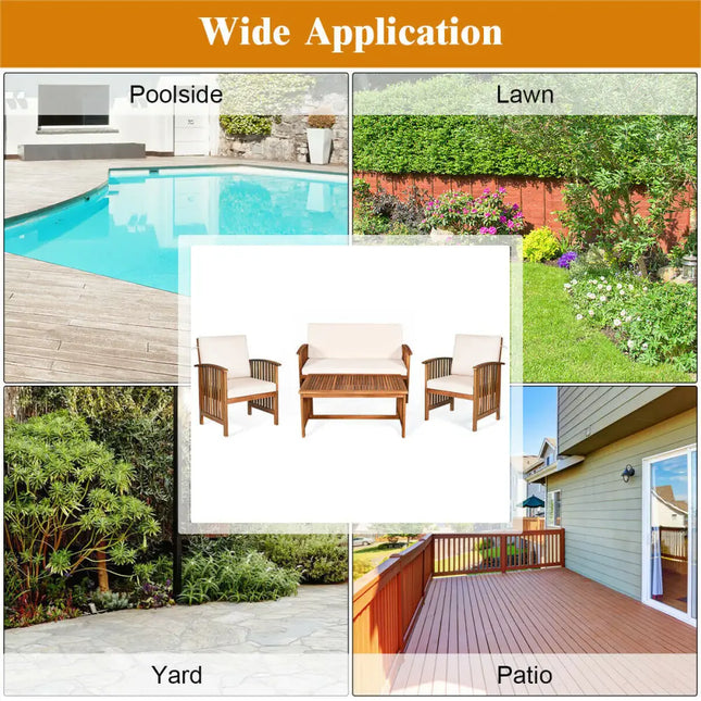 4PCS Patio Solid Wood Furniture Set-Beige - Beige - Patio Conversation Sets