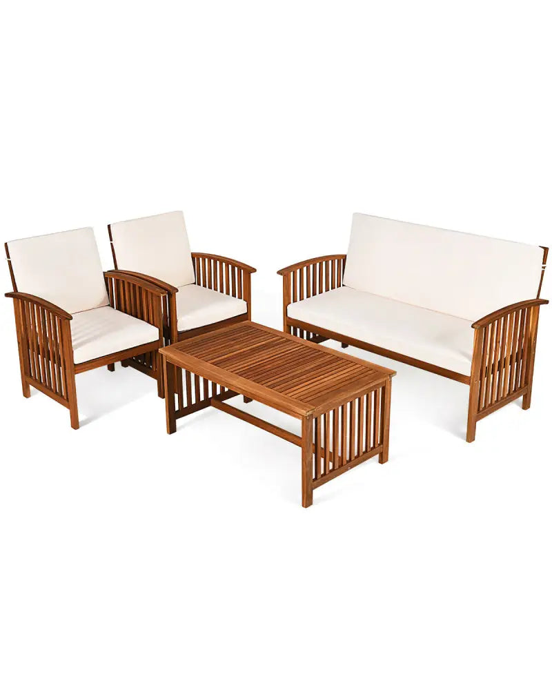 4PCS Patio Solid Wood Furniture Set-Beige - Beige - Patio Conversation Sets