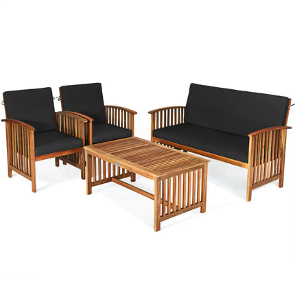 4PCS Patio Solid Wood Furniture Set-Black - Black - Patio Conversation Sets