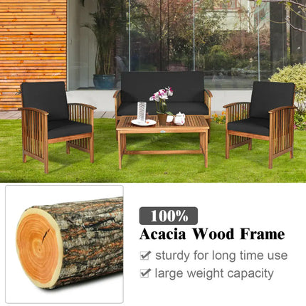 4PCS Patio Solid Wood Furniture Set-Black - Black - Patio Conversation Sets