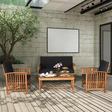 4PCS Patio Solid Wood Furniture Set-Black - Black - Patio Conversation Sets