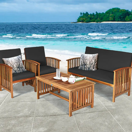 4PCS Patio Solid Wood Furniture Set-Black - Black - Patio Conversation Sets