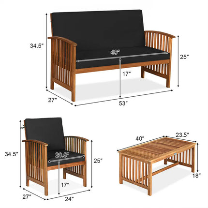 4PCS Patio Solid Wood Furniture Set-Black - Black - Patio Conversation Sets