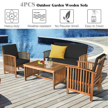 4PCS Patio Solid Wood Furniture Set-Black - Black - Patio Conversation Sets