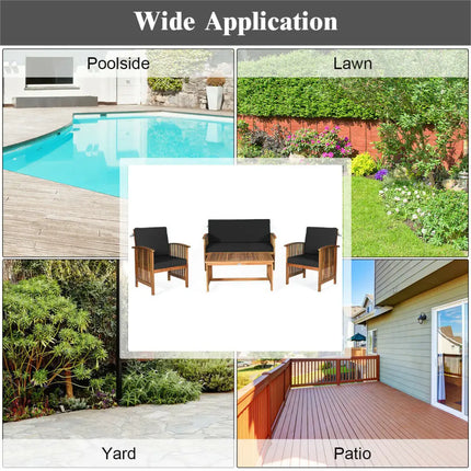 4PCS Patio Solid Wood Furniture Set-Black - Black - Patio Conversation Sets