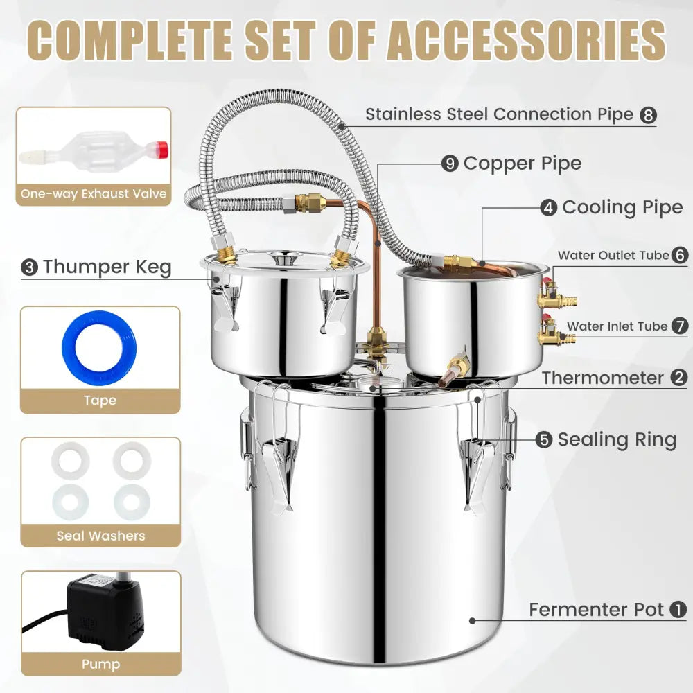 5/10 Gal 22/38 L Water Alcohol Distiller for DIY Whisky-5 Gal - Silver - Small Appliances