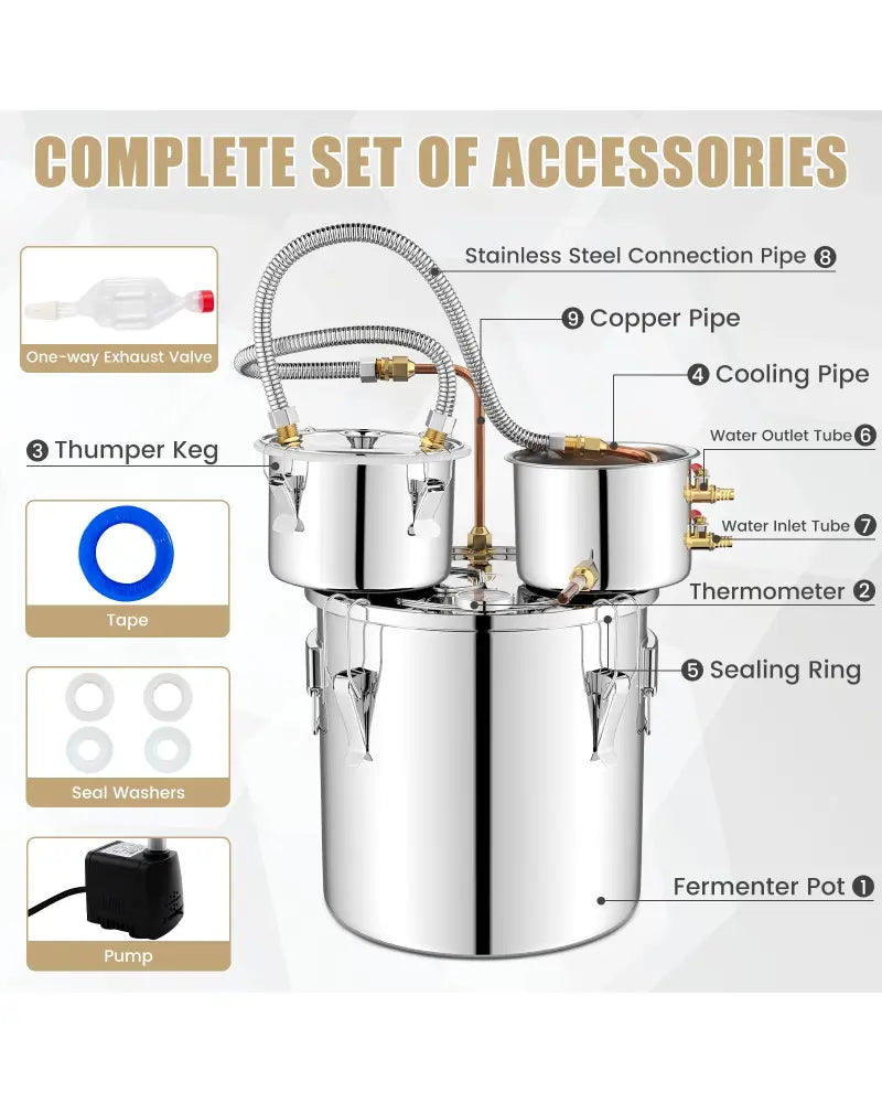 5/10 Gal 22/38 L Water Alcohol Distiller for DIY Whisky-5 Gal - Silver - Small Appliances