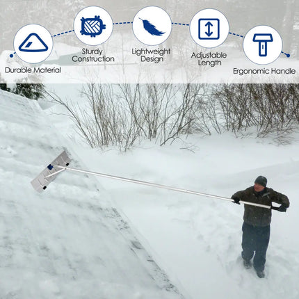 5-20 Feet Extendable Aluminum Snow Roof Rake with Wheels Handle - Silver - Snow Removal