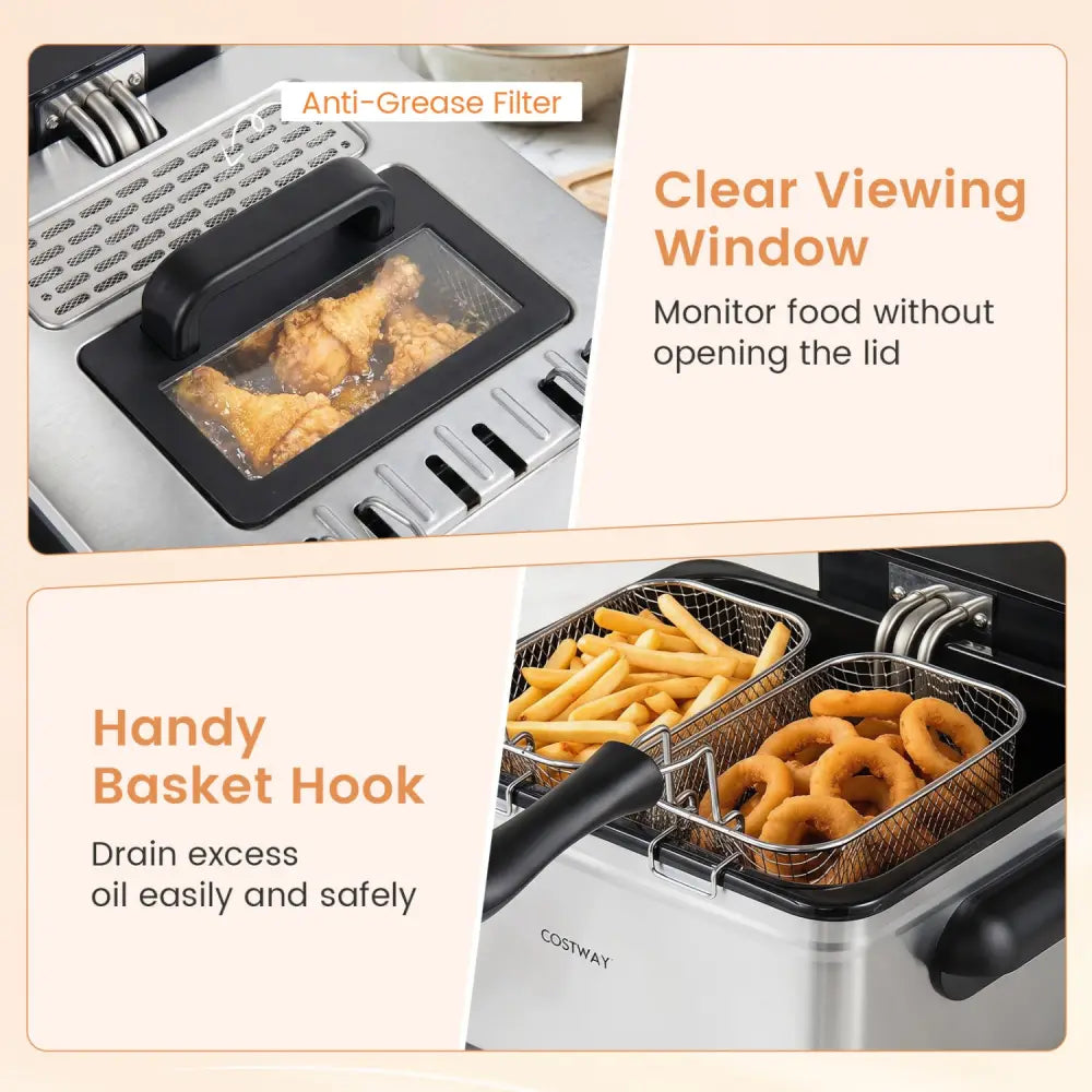 5.3-Qt Electric Deep Fryer with 3 Baskets 1700W LED Touch Screen and 6 Presets-Silver - Silver - Air Fryers