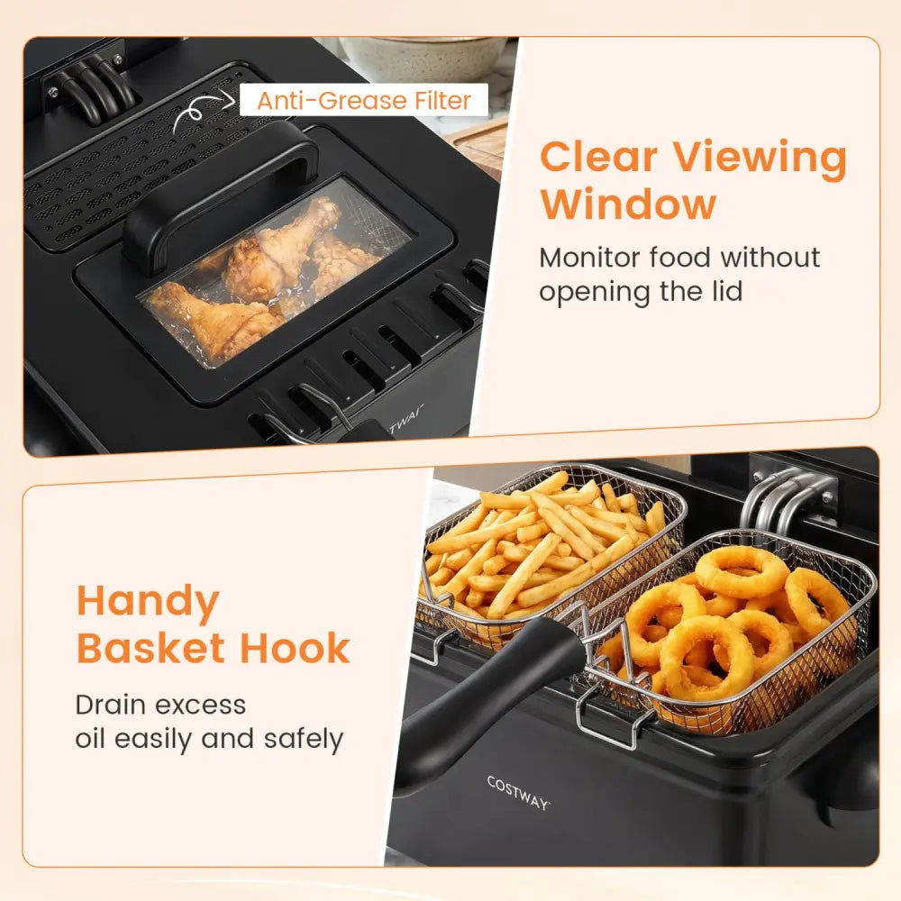 5.3-Qt Electric Deep Fryer with 3 Baskets 1700W LED Touch Screen and 6 Presets-Black - Black - Air Fryers