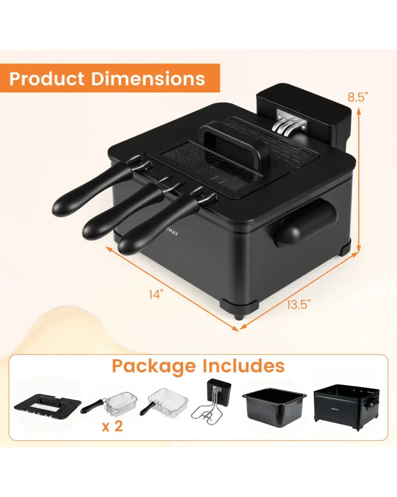 5.3-Qt Electric Deep Fryer with 3 Baskets 1700W LED Touch Screen and 6 Presets-Black - Black - Air Fryers