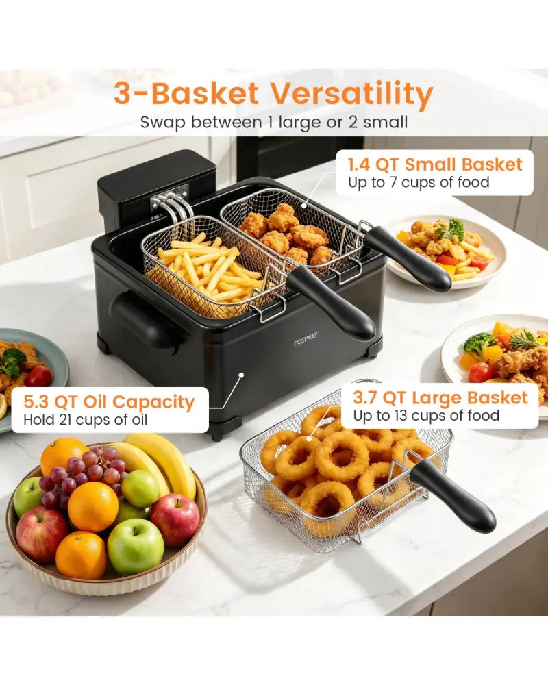 5.3-Qt Electric Deep Fryer with 3 Baskets 1700W LED Touch Screen and 6 Presets-Black - Black - Air Fryers