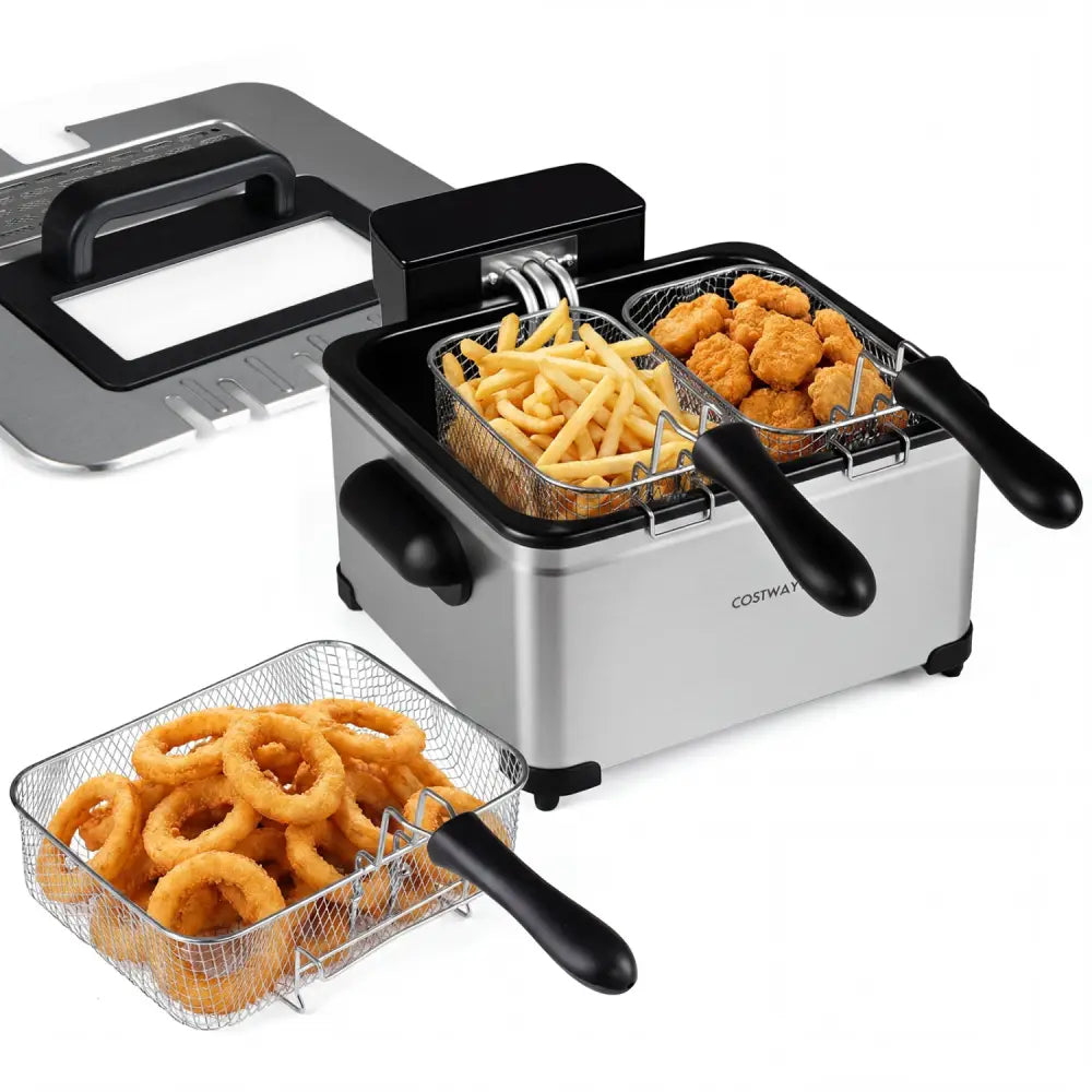 5.3-Qt Electric Deep Fryer with 3 Baskets 1700W LED Touch Screen and 6 Presets-Silver - Silver - Air Fryers