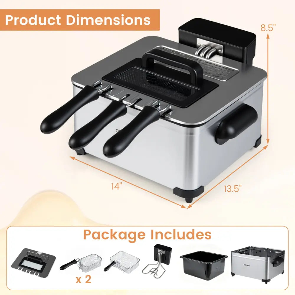 5.3-Qt Electric Deep Fryer with 3 Baskets 1700W LED Touch Screen and 6 Presets-Silver - Silver - Air Fryers