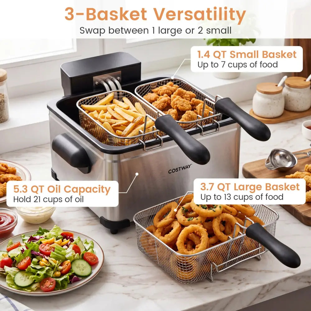 5.3-Qt Electric Deep Fryer with 3 Baskets 1700W LED Touch Screen and 6 Presets-Silver - Silver - Air Fryers
