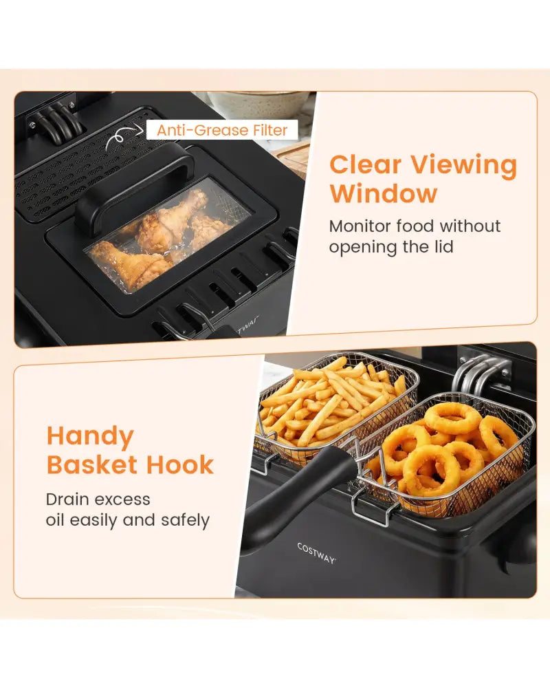 5.3-Qt Electric Deep Fryer with 3 Baskets 1700W LED Touch Screen and 6 Presets-Black - Black - Air Fryers
