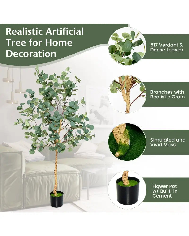 5.5 Feet Artificial Eucalyptus Tree with 517 Silver Dollar Leaves-1 Pack - Black & Green - Faux Plants