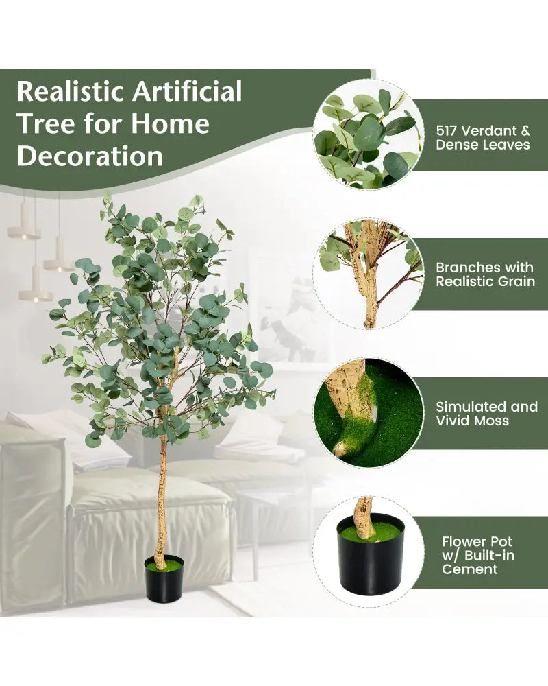 5.5 Feet Artificial Eucalyptus Tree with 517 Silver Dollar Leaves-2 Peice - Faux Plants