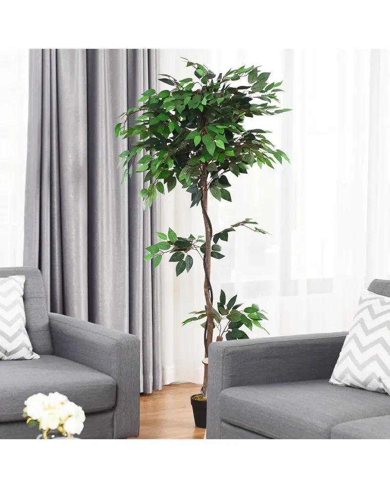 5.5 Feet Artificial Ficus Silk Tree with Wood Trunks - Green - Faux Plants