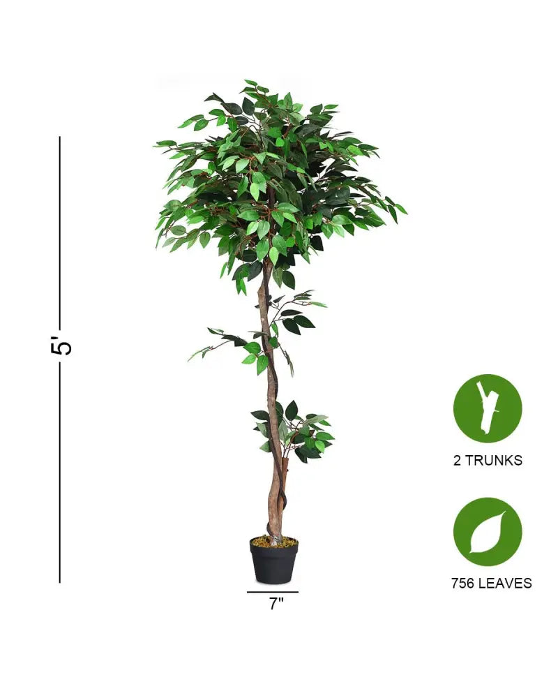 5.5 Feet Artificial Ficus Silk Tree with Wood Trunks - Green - Faux Plants