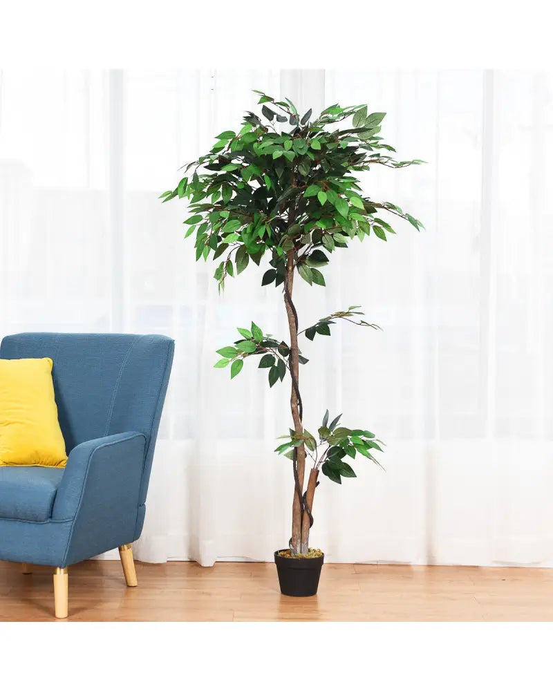 5.5 Feet Artificial Ficus Silk Tree with Wood Trunks - Green - Faux Plants