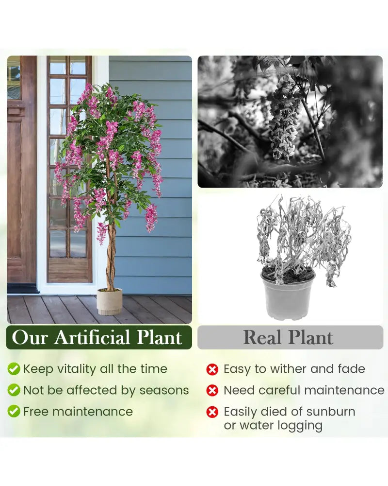 5.5 FT Faux Wisteria Plant in Nursery Pot with Blooming Flowers-Rose Red - Rose Red - Faux Plants