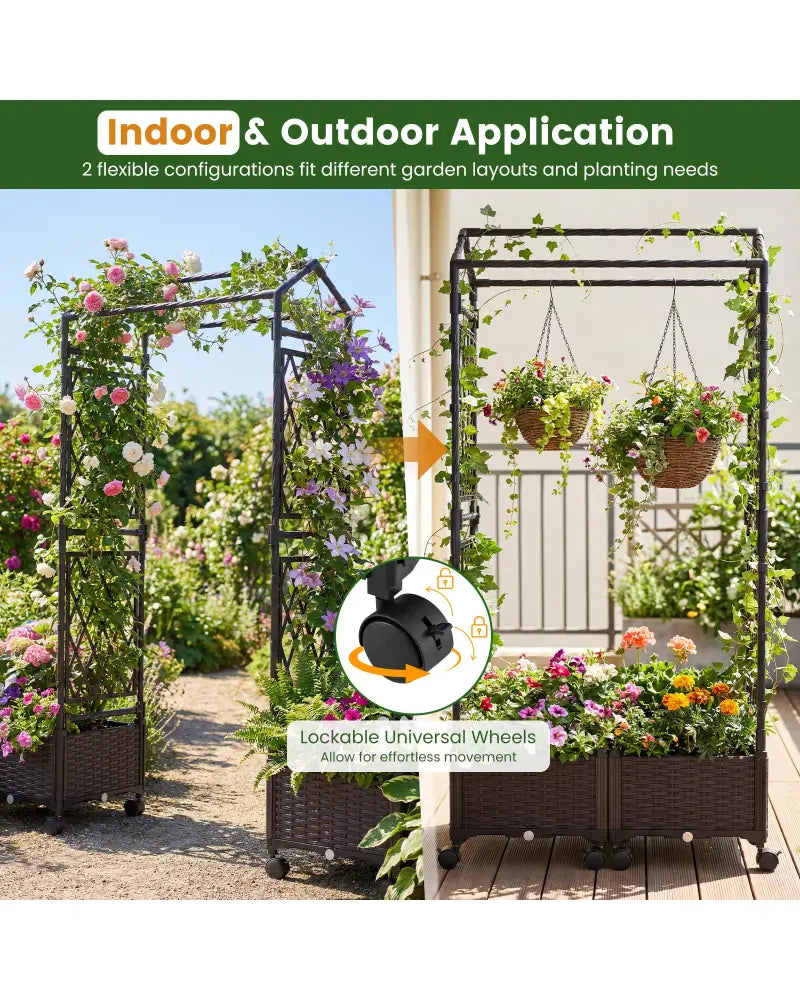 5.5 FT Self-Watering Planter Boxes with Lattice Trellis and Roof-Brown - Brown - Garden Arbors