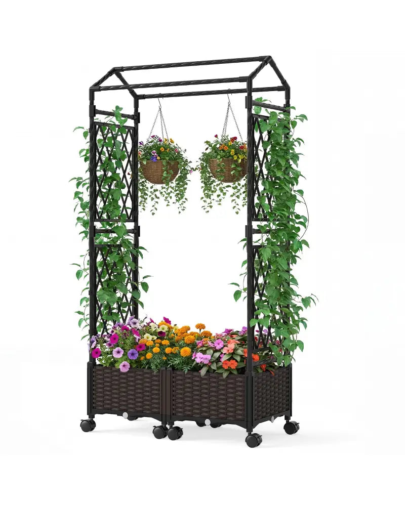 5.5 FT Self-Watering Planter Boxes with Lattice Trellis and Roof-Brown - Brown - Garden Arbors