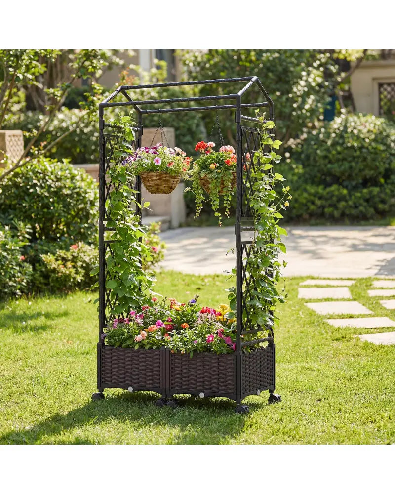 5.5 FT Self-Watering Planter Boxes with Lattice Trellis and Roof-Brown - Brown - Garden Arbors
