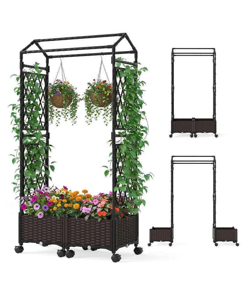 5.5 FT Self-Watering Planter Boxes with Lattice Trellis and Roof-Brown - Brown - Garden Arbors