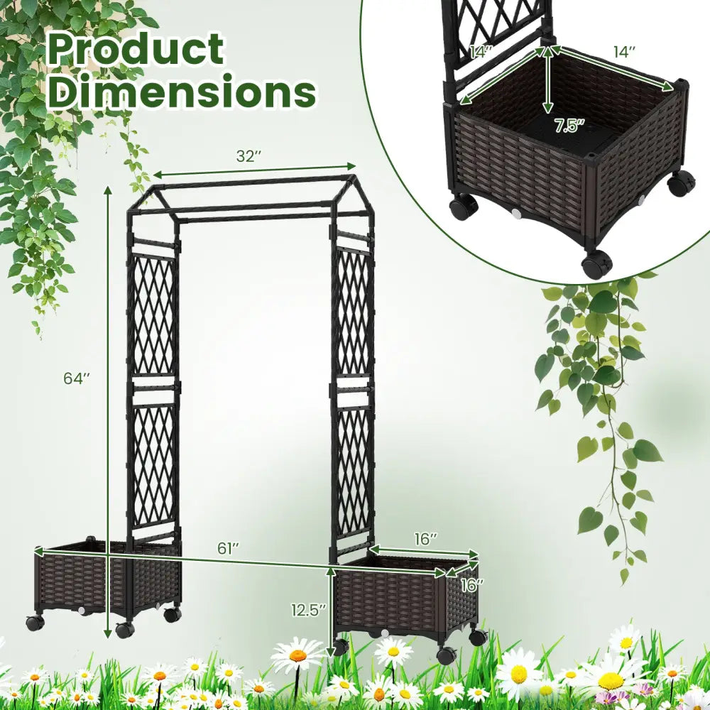 5.5 FT Self-Watering Planter Boxes with Lattice Trellis and Roof-Brown - Brown - Plant Supports