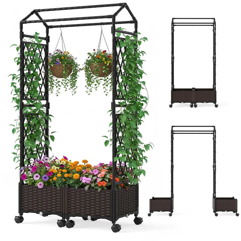 5.5 FT Self-Watering Planter Boxes with Lattice Trellis and Roof-Brown - Brown - Plant Supports