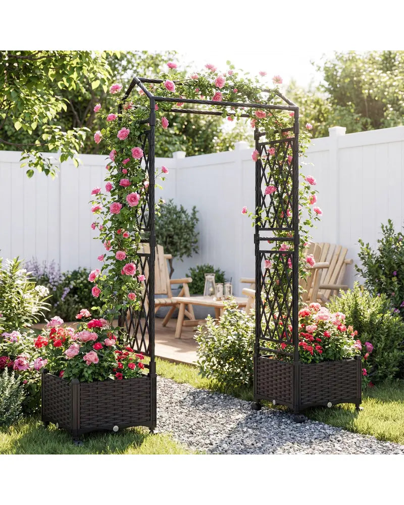 5.5 FT Self-Watering Planter Boxes with Lattice Trellis and Roof-Brown - Brown - Garden Arbors
