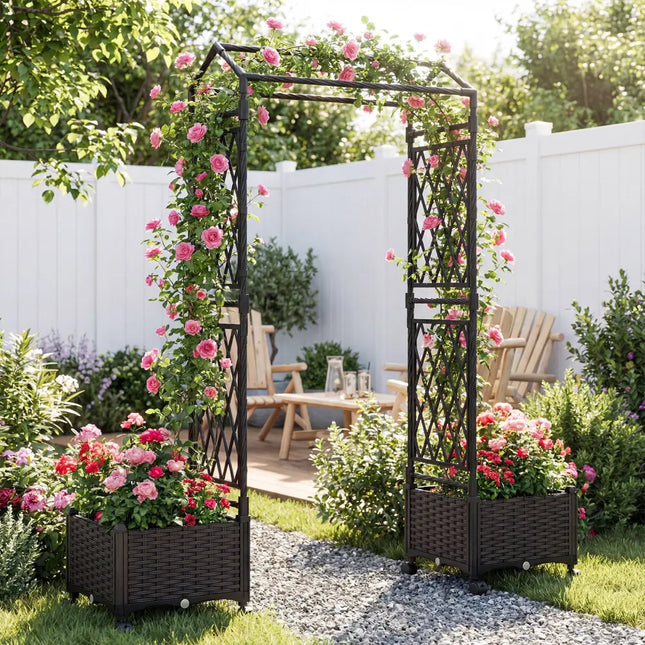 5.5 FT Self-Watering Planter Boxes with Lattice Trellis and Roof-Brown - Brown - Plant Supports