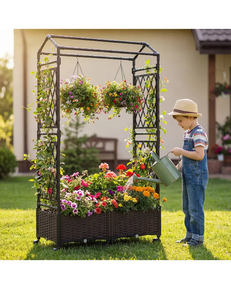 5.5 FT Self-Watering Planter Boxes with Lattice Trellis and Roof-Brown - Brown - Garden Arbors