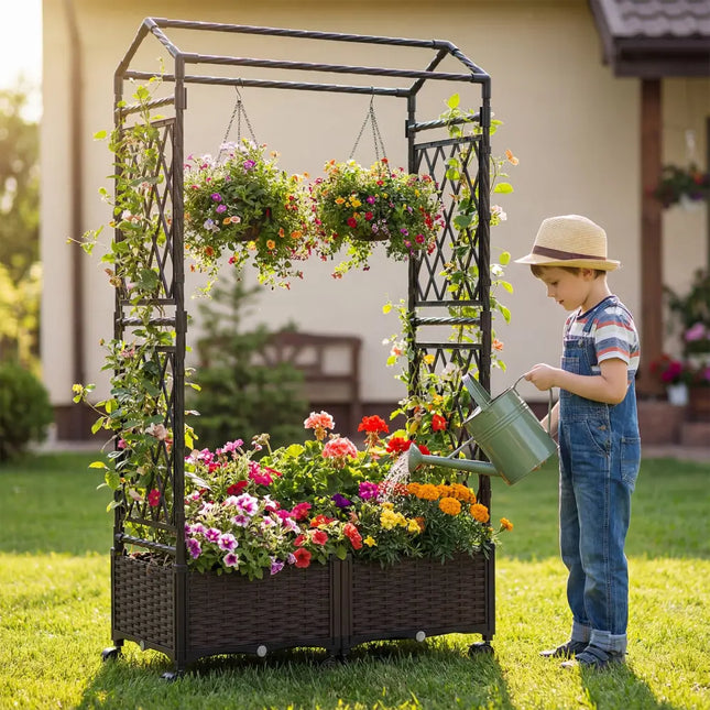 5.5 FT Self-Watering Planter Boxes with Lattice Trellis and Roof-Brown - Brown - Plant Supports