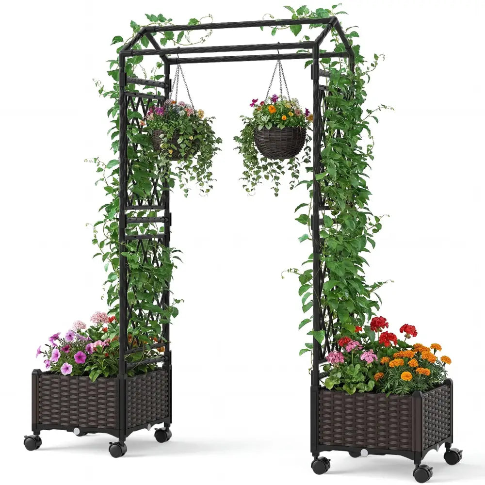 5.5 FT Self-Watering Planter Boxes with Lattice Trellis and Roof-Brown - Brown - Plant Supports