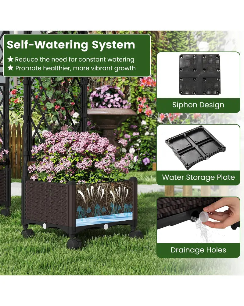 5.5 FT Self-Watering Planter Boxes with Lattice Trellis and Roof-Brown - Brown - Garden Arbors