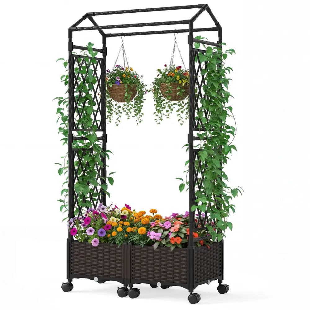 5.5 FT Self-Watering Planter Boxes with Lattice Trellis and Roof-Brown - Brown - Plant Supports