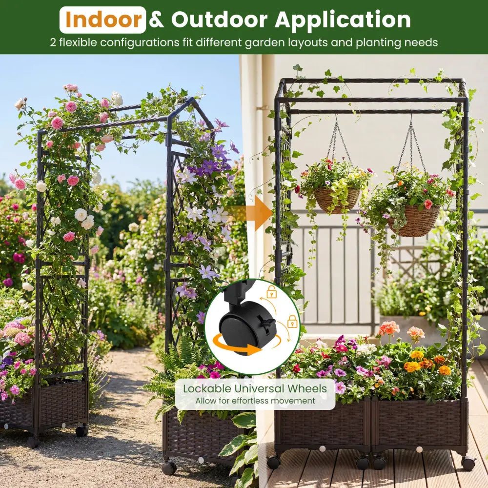 5.5 FT Self-Watering Planter Boxes with Lattice Trellis and Roof-Brown - Brown - Plant Supports
