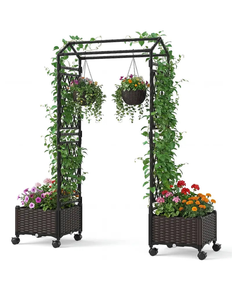 5.5 FT Self-Watering Planter Boxes with Lattice Trellis and Roof-Brown - Brown - Garden Arbors