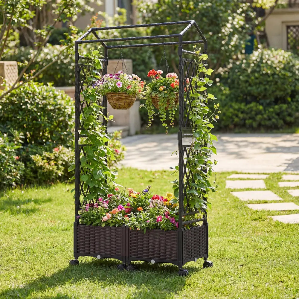 5.5 FT Self-Watering Planter Boxes with Lattice Trellis and Roof-Brown - Brown - Plant Supports