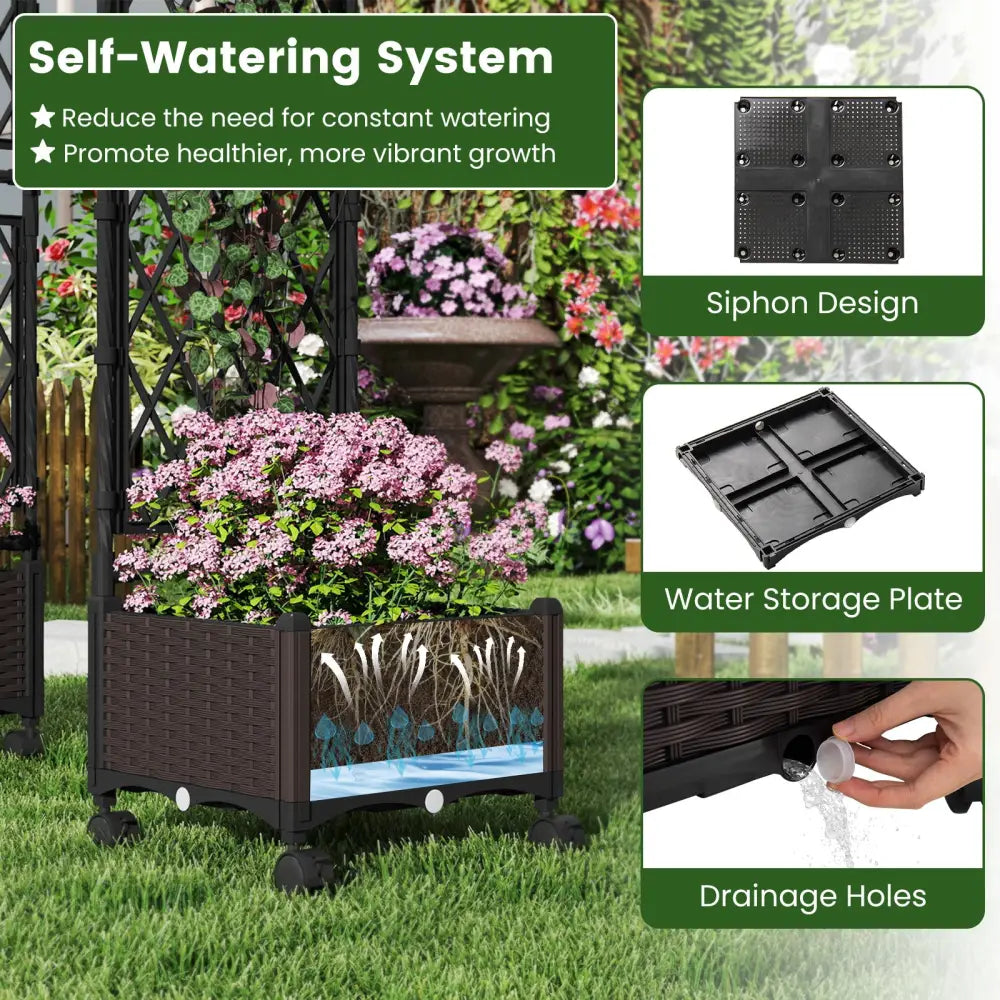 5.5 FT Self-Watering Planter Boxes with Lattice Trellis and Roof-Brown - Brown - Plant Supports