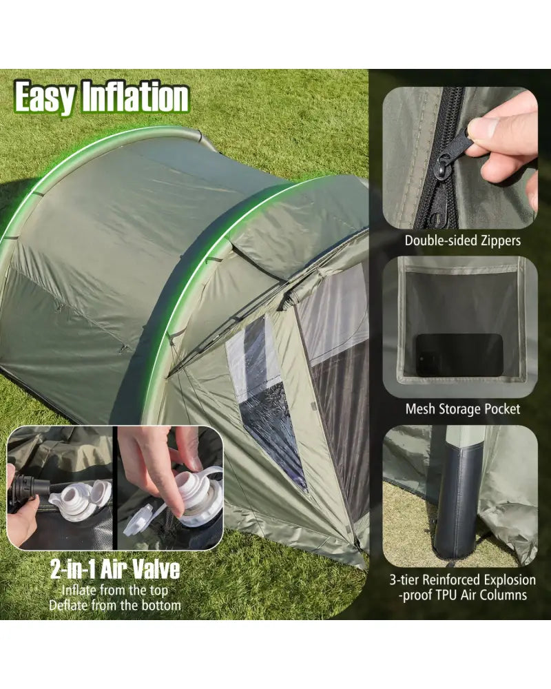 5-7 Person Inflatable Camping Tent with Screened Porch-Green - Green - Tents
