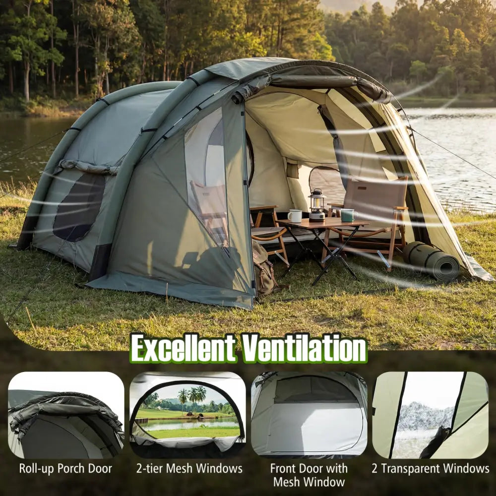 5-7 Person Inflatable Camping Tent with Screened Porch-Green - Green - Tents